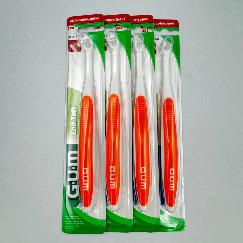 GUM End-Tuft Toothbrush Orange 4‎ Pack Soft Bristle 308 NEW